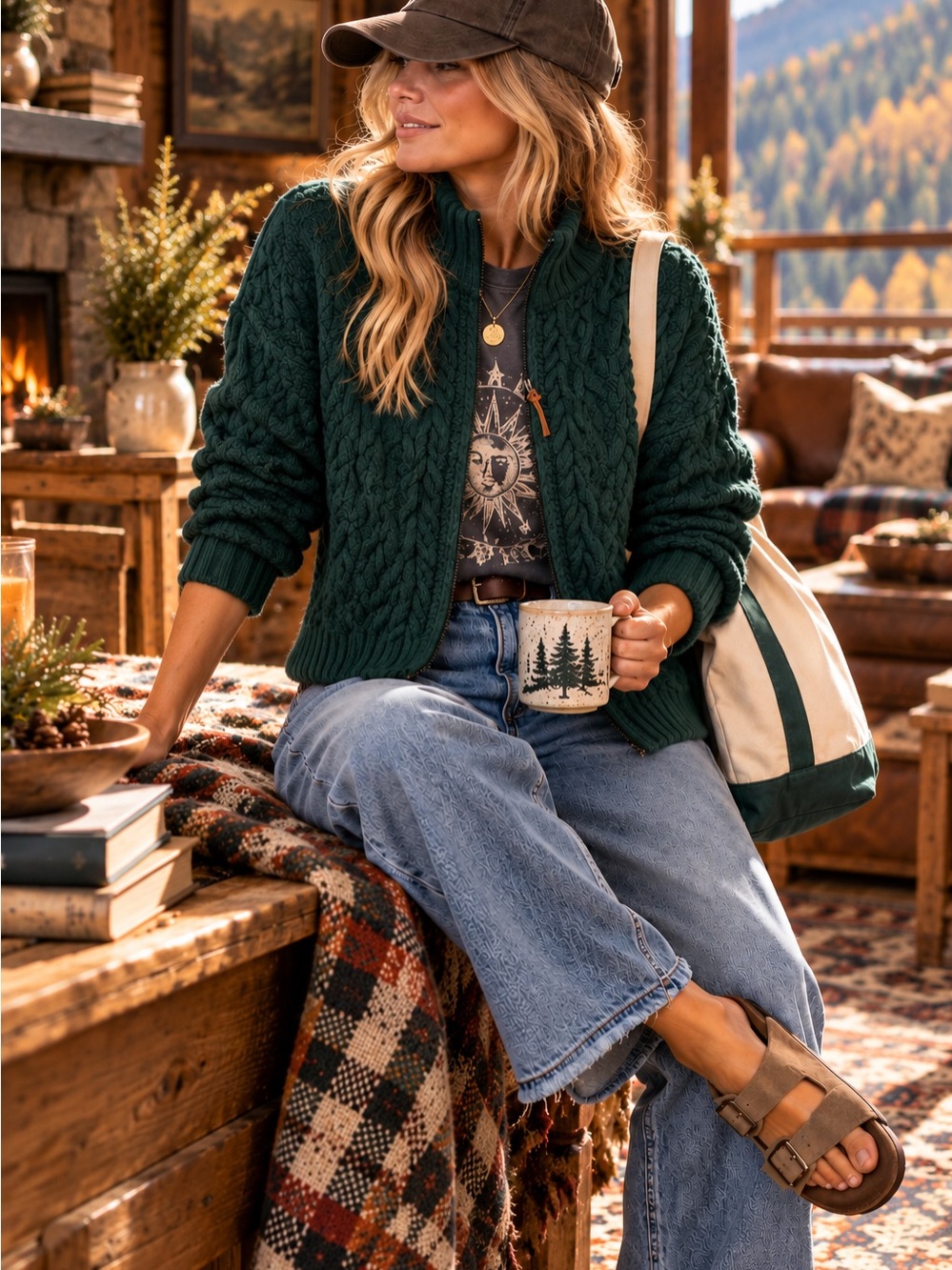 Lauren Ralph Lauren exclusively hand knit Forest Green Cable-Knit Zip Cardigan-M